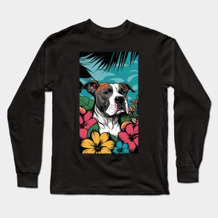 American Staffordshire Terrier PitBull Dog Vibrant Tropical Flower Tall Retro Vintage Digital Pop Art Portrait Long Sleeve T-Shirt